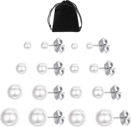 Set di 7 orecchini con perle artificiali nere in sacchetto di stoccaggio - orecchini ipoallergenici - orecchini femminili alla moda - adatti per uscire e per andare al lavoro - Perle di vetro bianche.