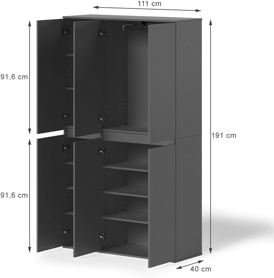 Armadio Claus, Antracite, 111 x 191.5 cm con 6 porte, per la conservazione di abbigliamento e accessori
