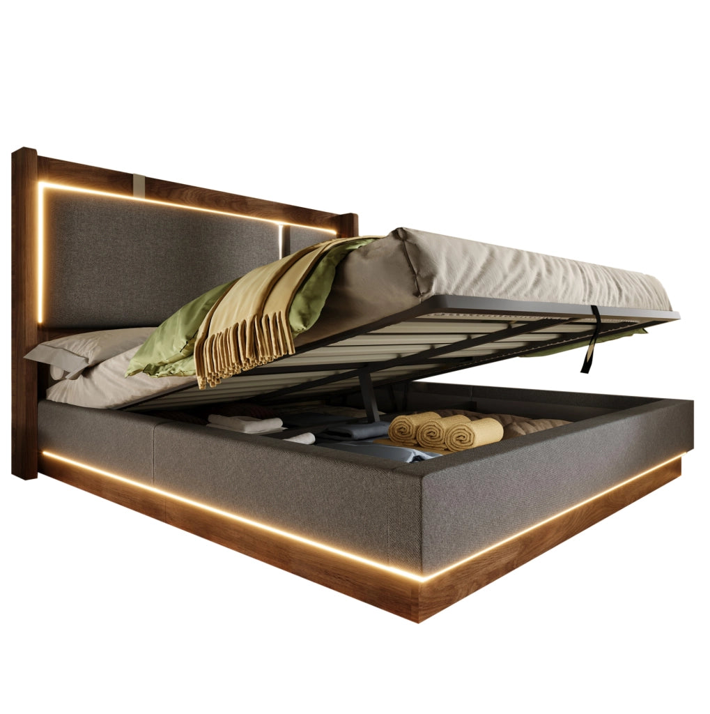 Letto matrimoniale 180x200 cm con contenitore; LED; lino e legno grigio