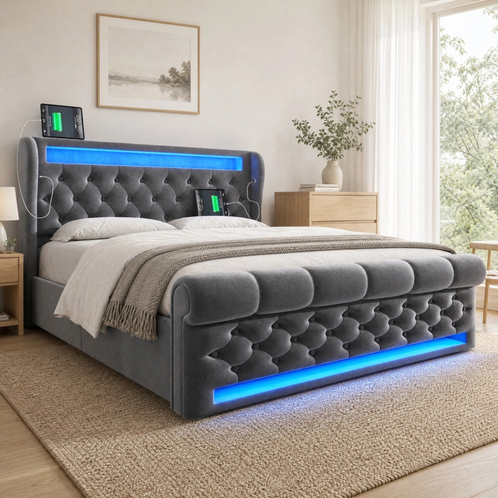 LETTO Contenitore 140x200 cm Velluto Grigio con LED USB e Type-C