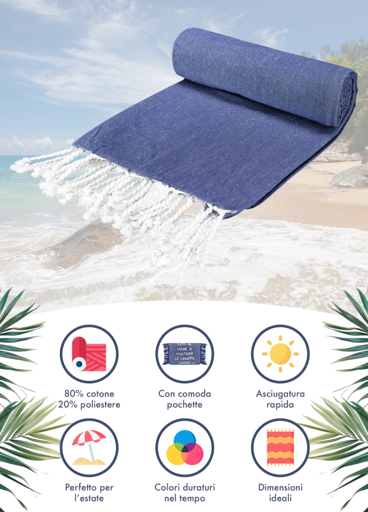 Telo Mare Con Frange Asciugamano Da Spiaggia Misura Grande 90x180 Cm Con Pochette Astuccio Assorbente In Morbido Cotone Leggero Stampa Tutti Al Mare AntiSabbia Lettino Vacanze Piscina Blu