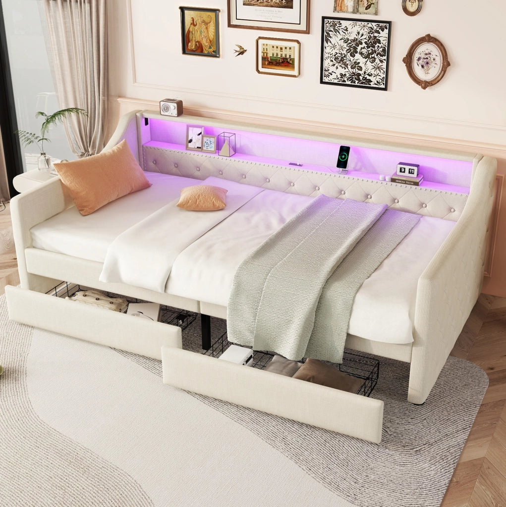 Letto 90x200 cm con LED; USB e 2 cassetti in lino beige