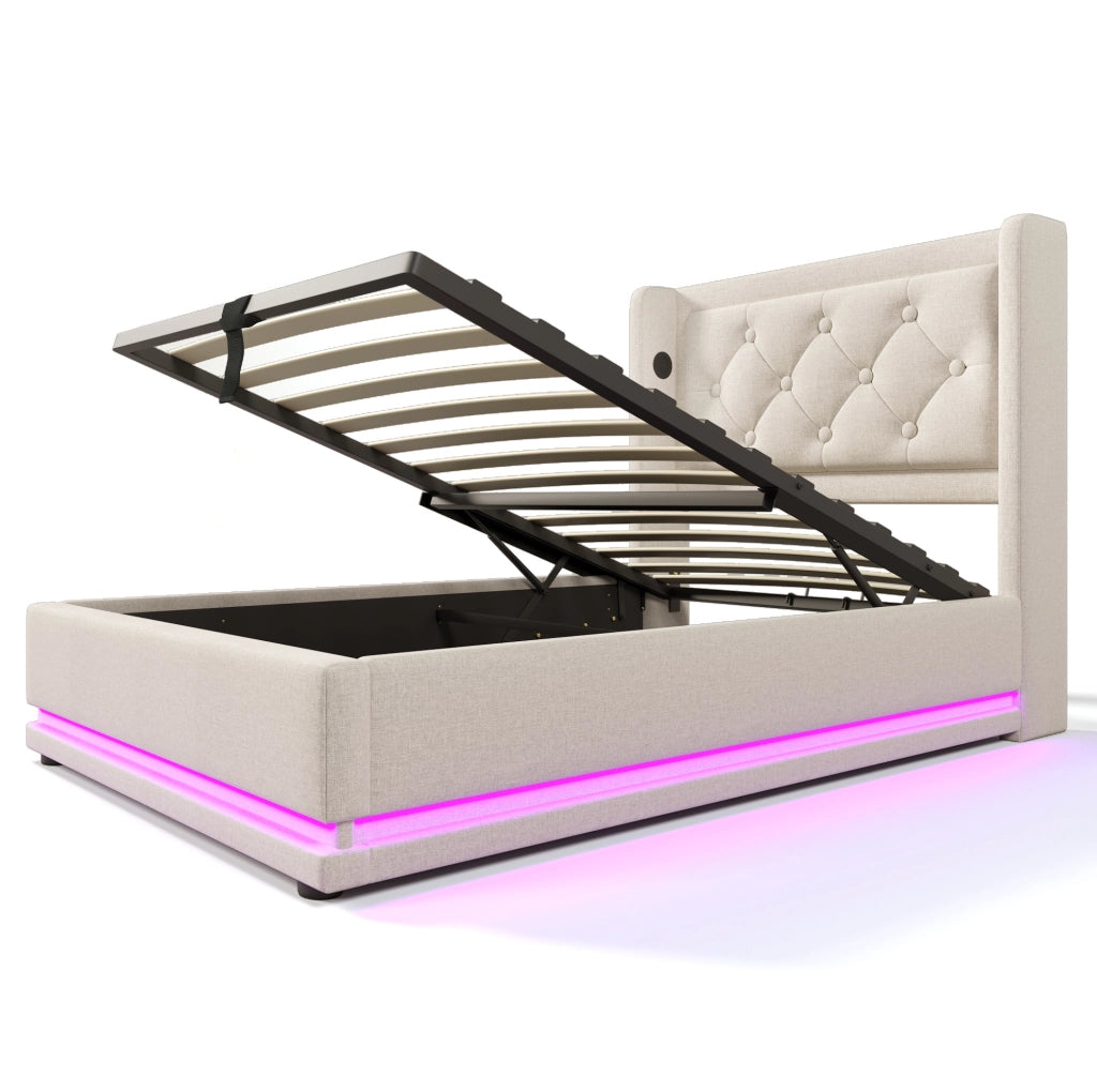 Letto 90x200 cm con contenitore idraulico, LED, USB e USB-C in cotone beige
