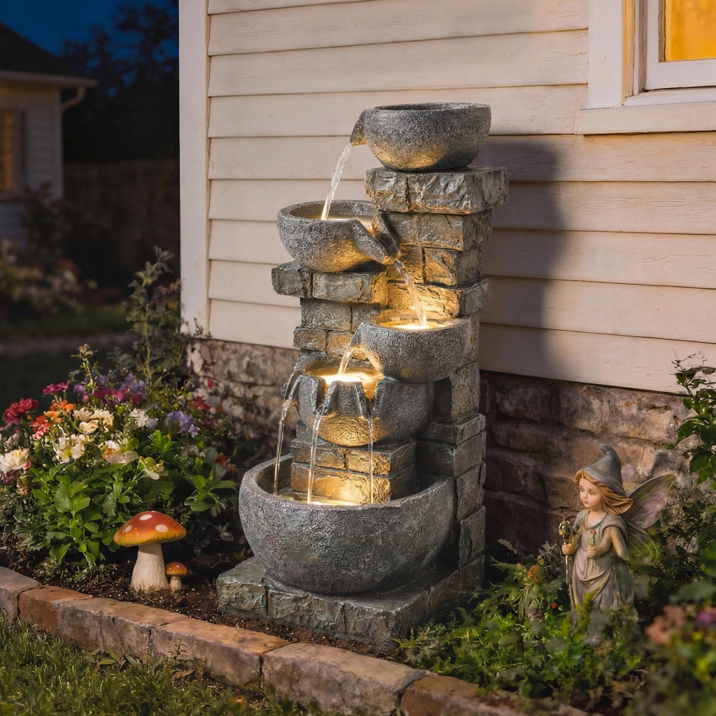 Fontana da Giardino a Cinque Livelli con LED ¨C Zephmum ¨C Effetto Pietra 34x36x80 cm