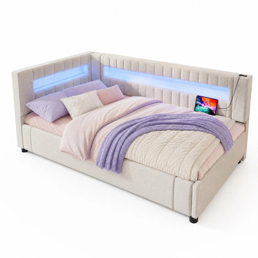 DESMIU Lit daybed 90 × 200 cm con vano contenitore idraulico, LED, USB e Type-C, senza materasso, beige