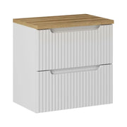 Set bagno sospeso VANO bianco 60cm: mobile sotto lavabo con cassetti + piano per lavabo effetto rovere chiaro