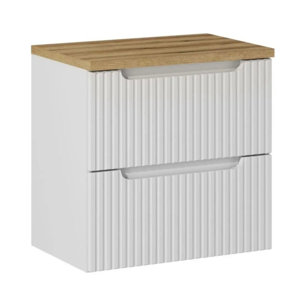 Set bagno sospeso VANO bianco 60cm: mobile sotto lavabo con cassetti + piano per lavabo effetto rovere chiaro