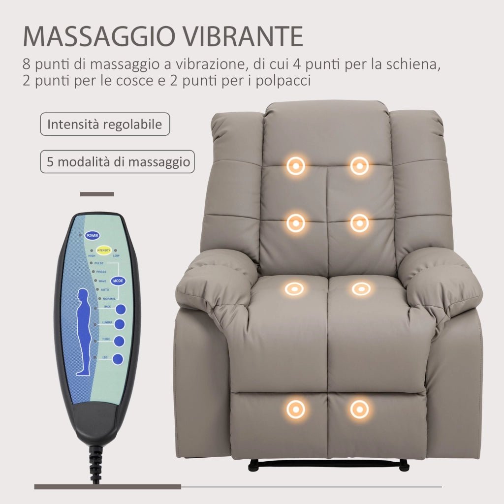 Poltrona Relax con 8 Punti Massaggio e Reclinazione a 165° 94x99x99 cm in Similpelle Grigio