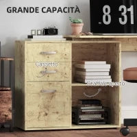 Scrivania Angolare per PC con 3 Cassetti e Ripiani Aperti, in Legno e Metallo, 117x83.5x76 cm, Noce