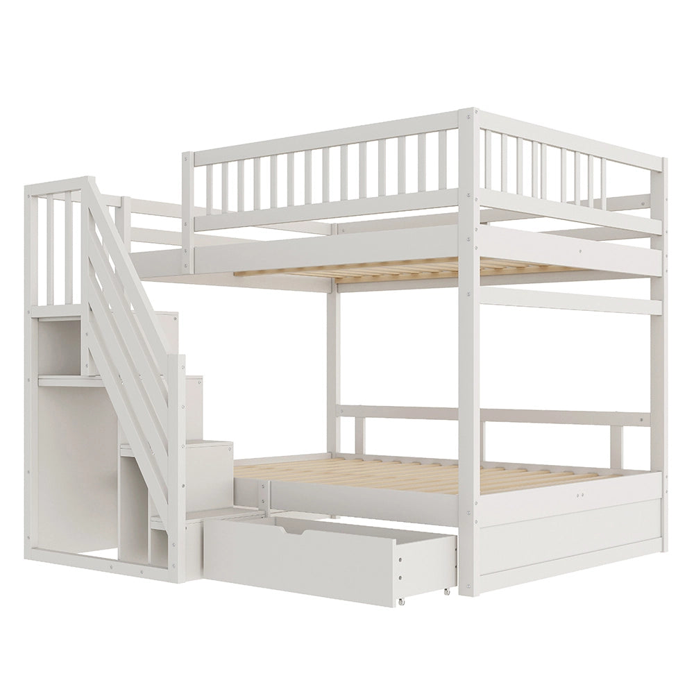 Letto a castello massiccio 140x200cm - Xylo - bianco, scala con ripiani, cassetti, EN747