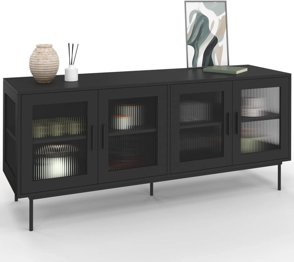 Credenza ZINEB 140 cm, 4 ante in vetro, frontale nero scanalato