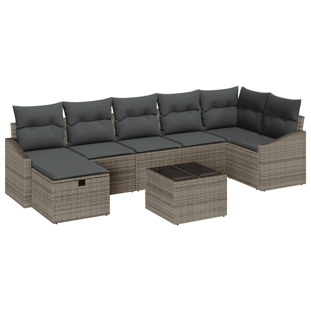 Set Divano da Giardino di 8 Pezzi con Cuscini Rattan Poliestere Grigio