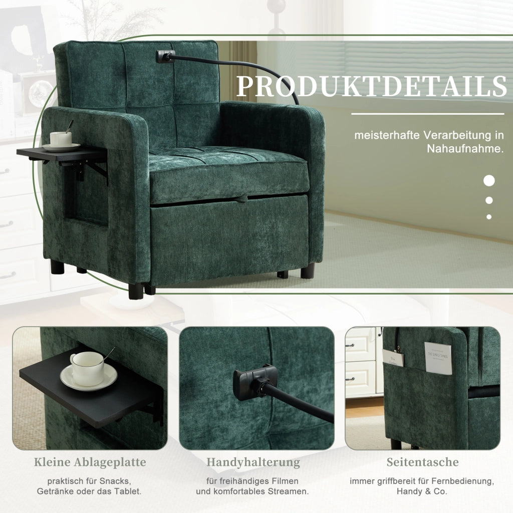 Poltrona letto convertibile extra lunga con schienale regolabile, tasche laterali e vassoio laterale in ciniglia verde