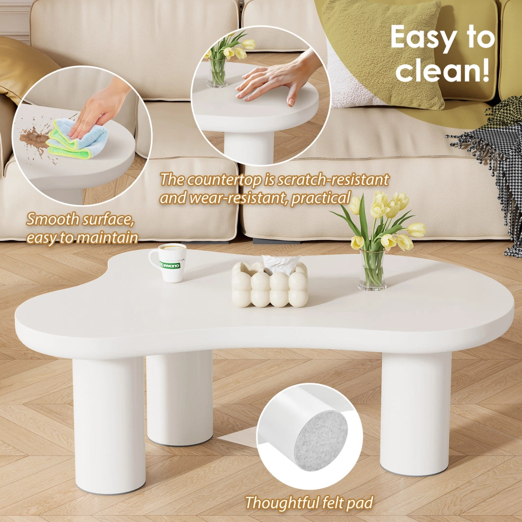 Tavolino da caffè con piano sagomato e 3 gambe; con feltrini - per soggiorno - in MDF e PVC - 107×66×40.5 cm - bianco