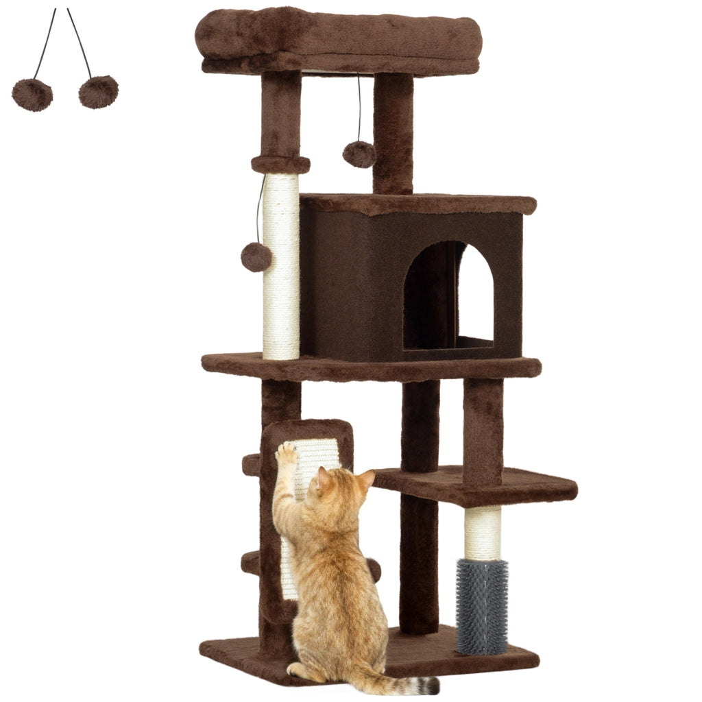 Tiragraffi per Gatti 104 cm ¨C Xylo ¨C con Piattaforme Spazzola Palline Pendenti Marrone