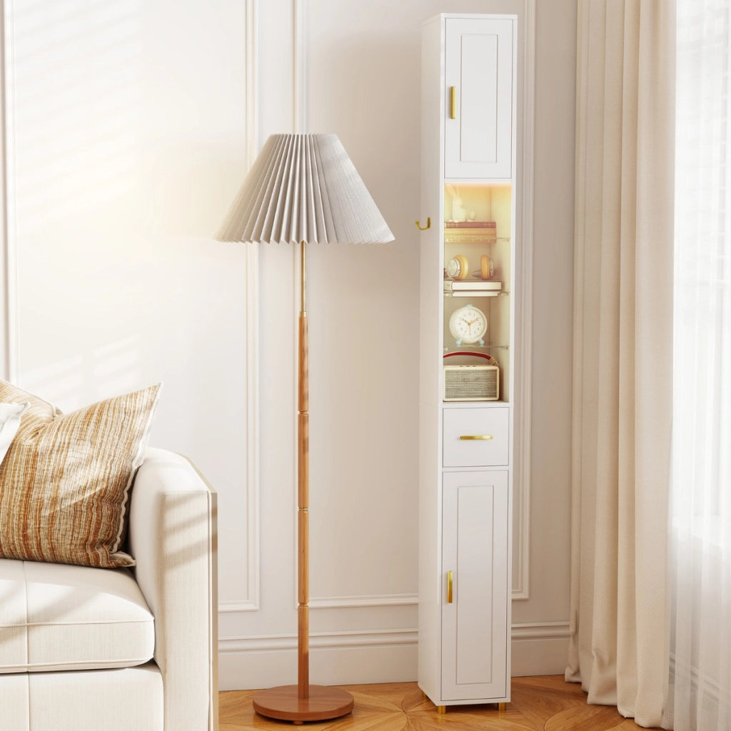 Mobiletto da bagno 181 cm organizzatore con 2 ante ripiani regolabili, Mobiletto da bagno 3 ripiani vetro temperato Bianco-Armadietti da bagno
