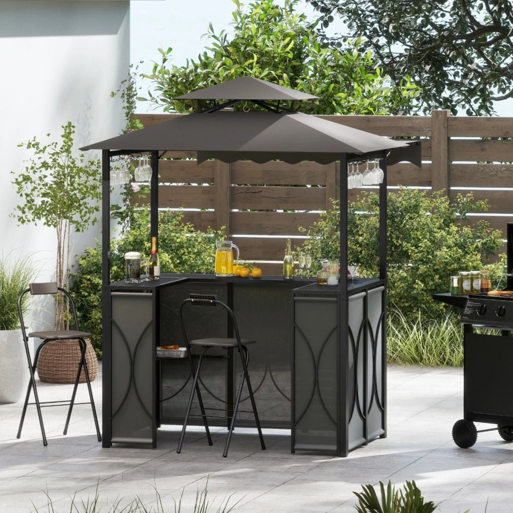 Set da giardino BBQ all'aperto 3 pezzi con tavolo bar e 2 sgabelli bar pieghevoli, Gazebo per grill con tettoia piscina Grigio-Accessori per barbecue