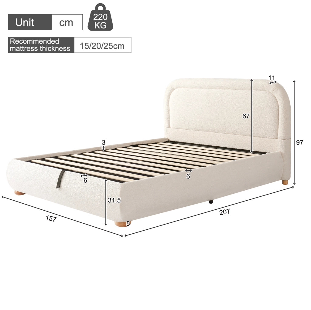 Letto contenitore beige in bouclé con rete a doghe