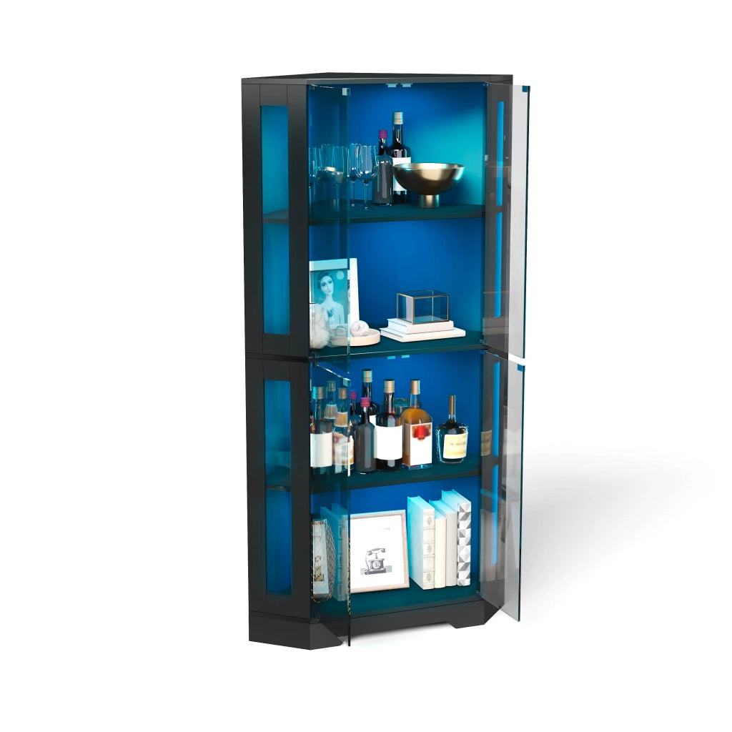 Credenza vetrina con LED, 4 ante in vetro temperato e 2 ripiani regolabili, per cucina e soggiorno, nero 40 × 40 × 165 cm