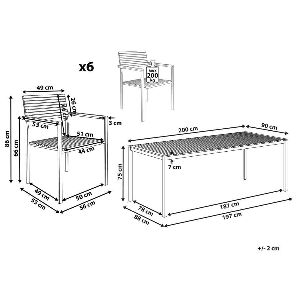 Set da pranzo da giardino in legno di teak struttura in metallo 6 posti 200 x 90 cm a doghe design moderno industriale per esterni