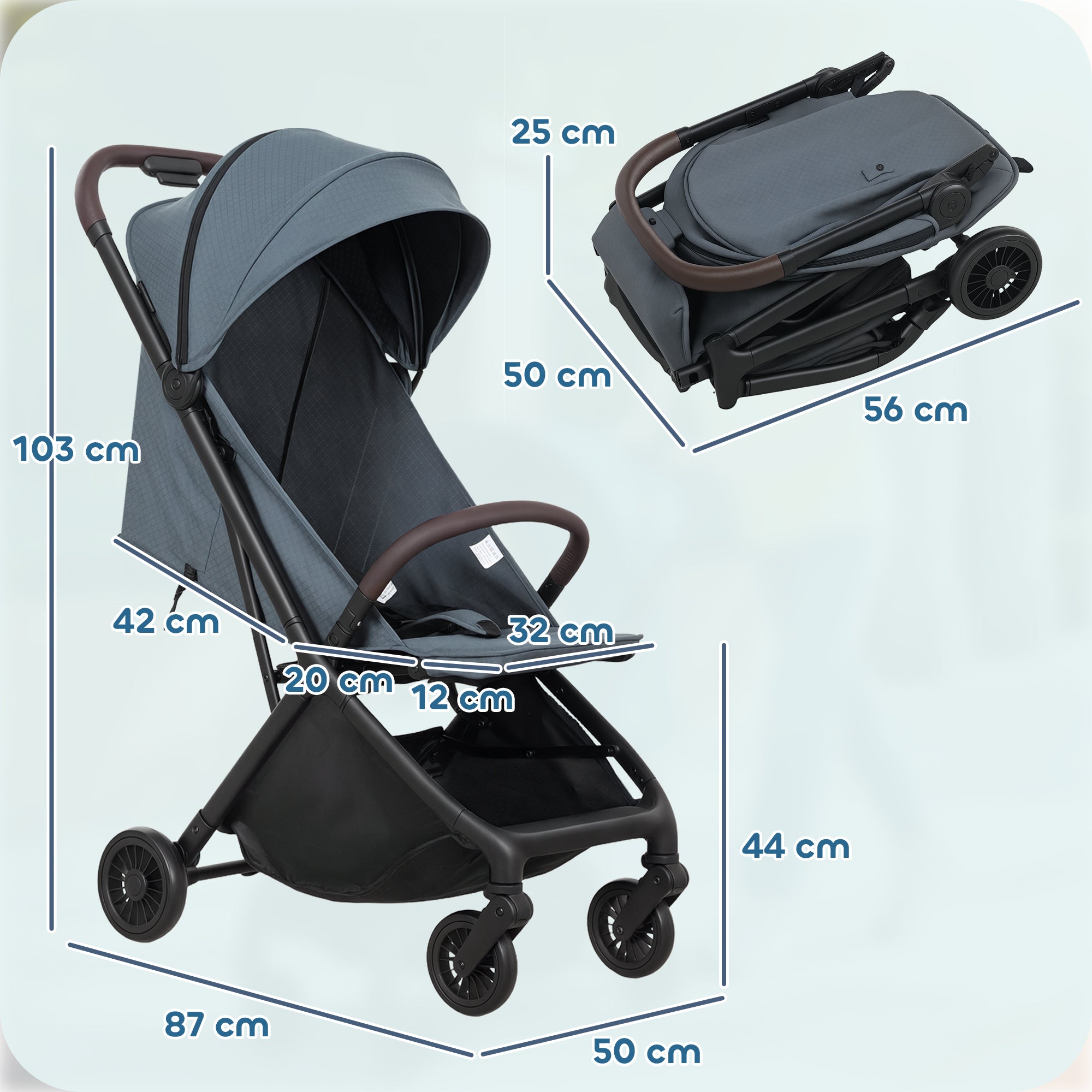 Passeggino per Bambini fino a 15 Kg 87x50x103 cm Chiusura con una Mano Blu e Nero