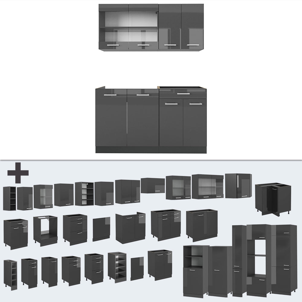 Cucina completa R-Line Antracite lucido/Antracite 140 cm senza piano di lavoro Vicco