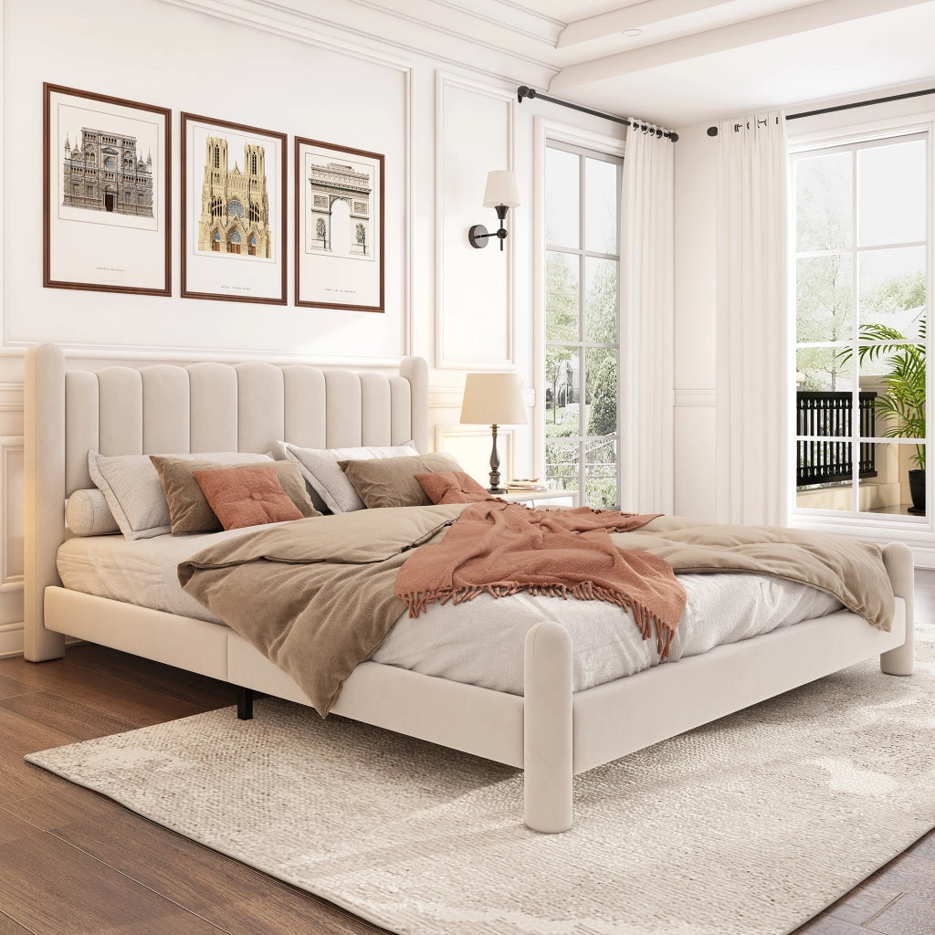 Letto Matrimoniale 180x200 cm; 2 Posti - Testiera ondulata e gambe cilindriche - Beige