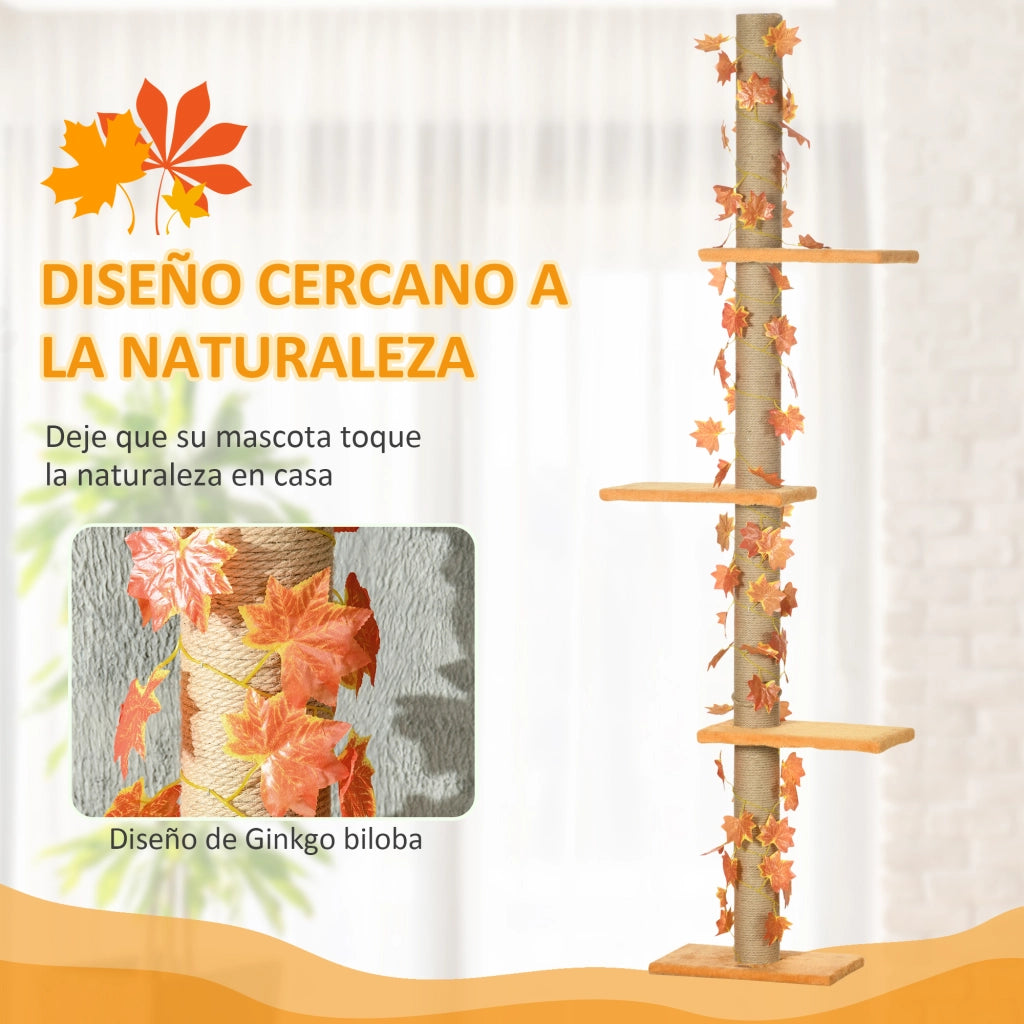 Albero per Gatti con 3 Piattaforme Regolabile ¨C Minimal ¨C 202-242 cm, Decorazione Foglia d'Acero Arancione