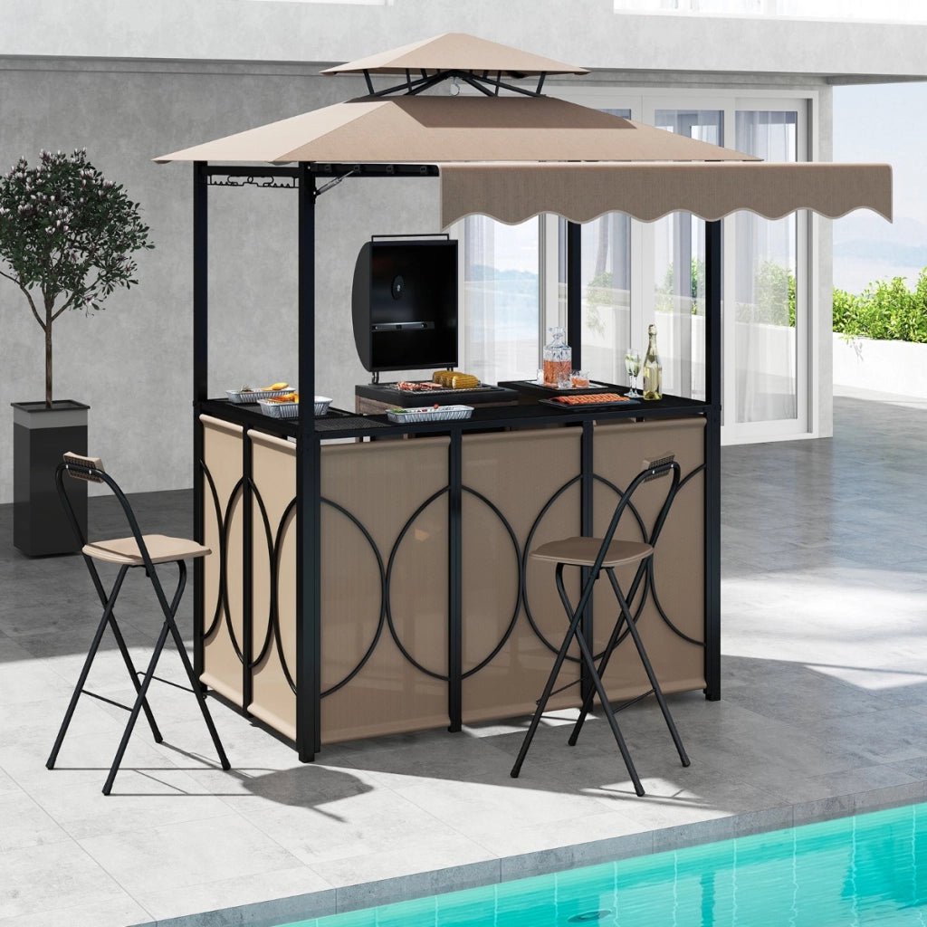 Set da giardino BBQ all'aperto 3 pezzi con tavolo bar e 2 sgabelli bar pieghevoli, Gazebo per grill con tettoia piscina Marrone-Accessori per barbecue