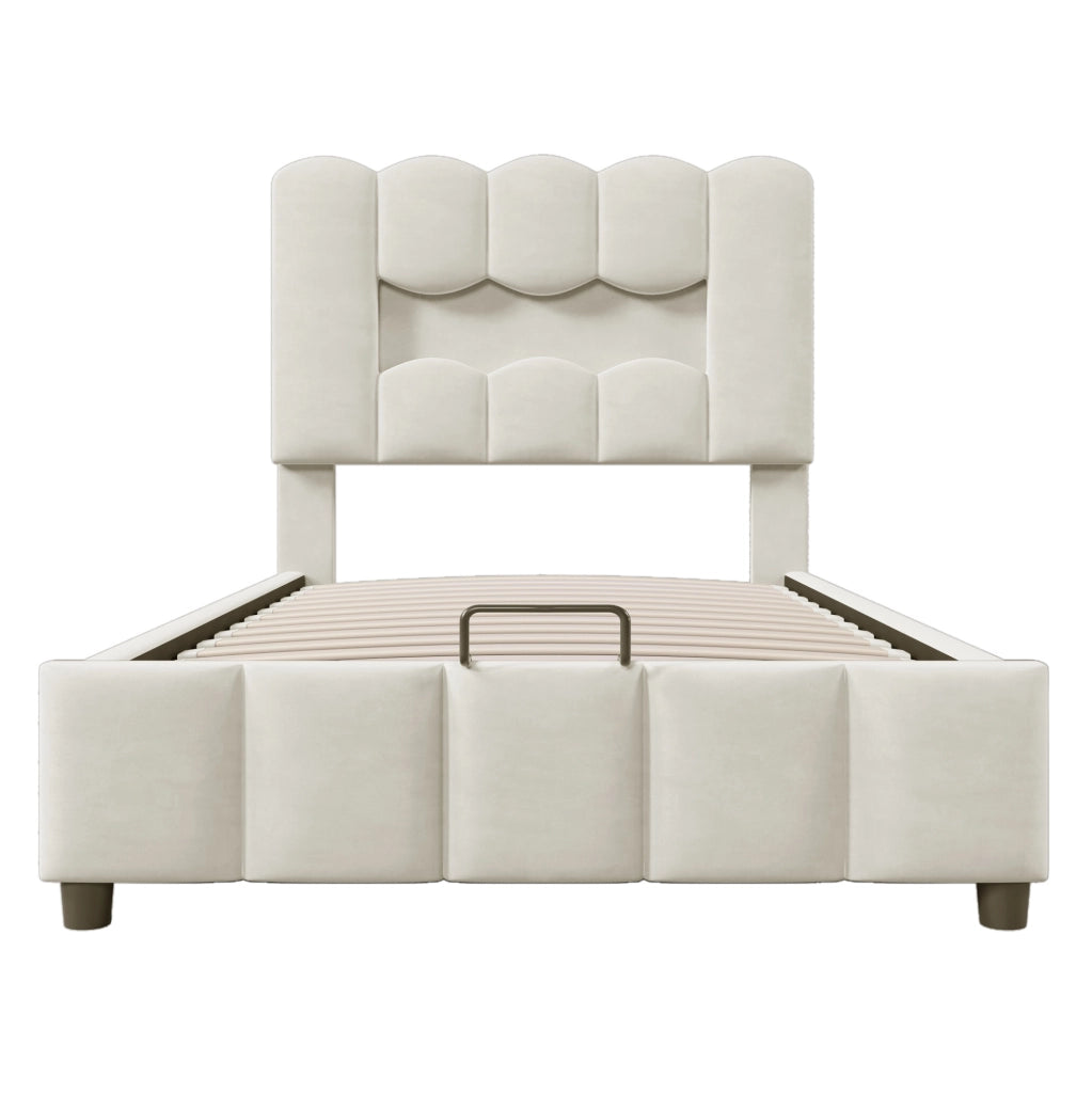 Letto imbottito 90x200 cm con contenitore idraulico; LED e testiera regolabile in velluto beige