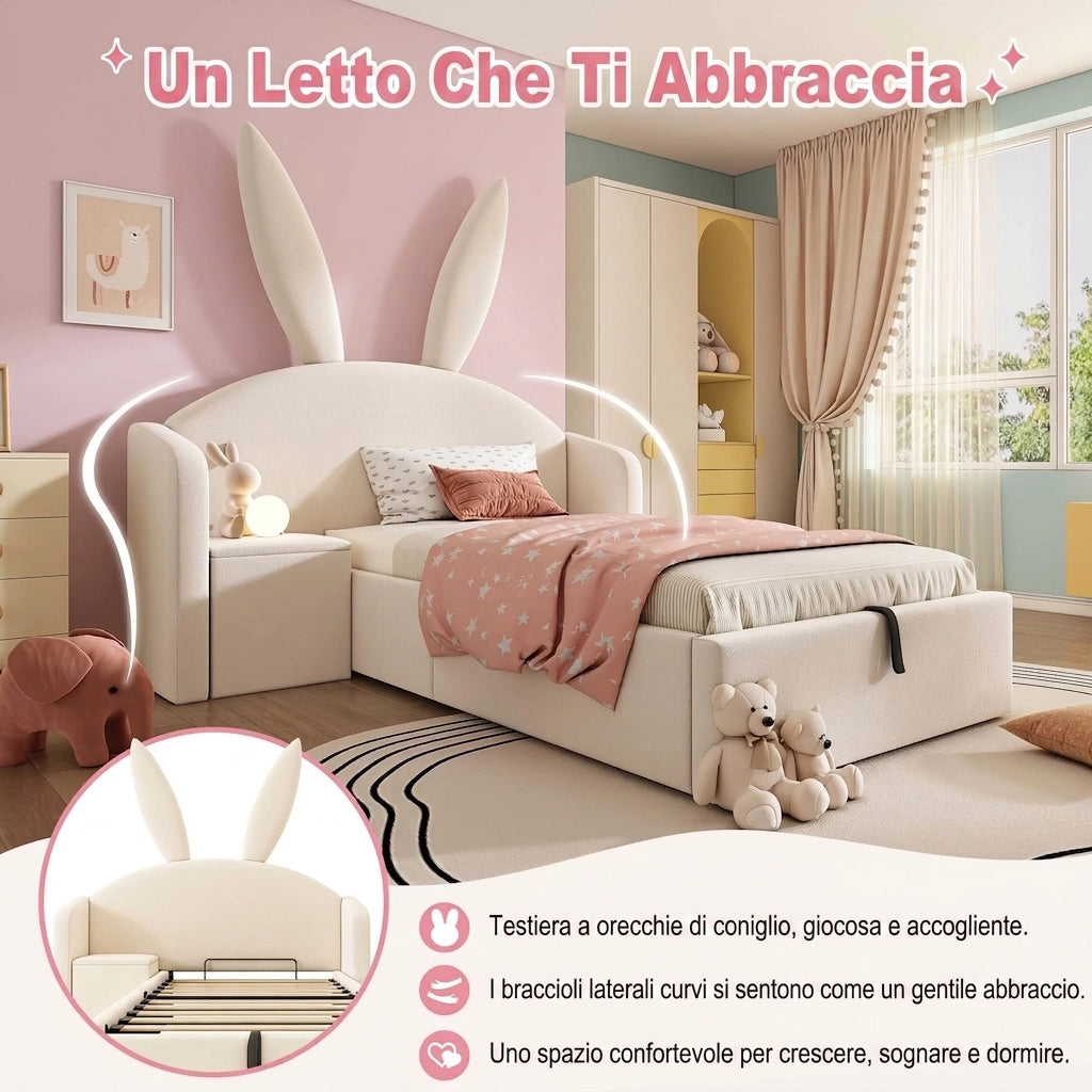 Letto per bambini 90x190 con contenitore e comodino; letto imbottito in velluto beige