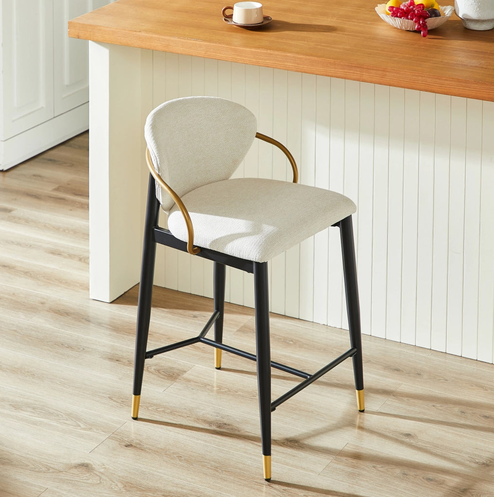 Sgabello da bar in ciniglia beige con struttura nero oro