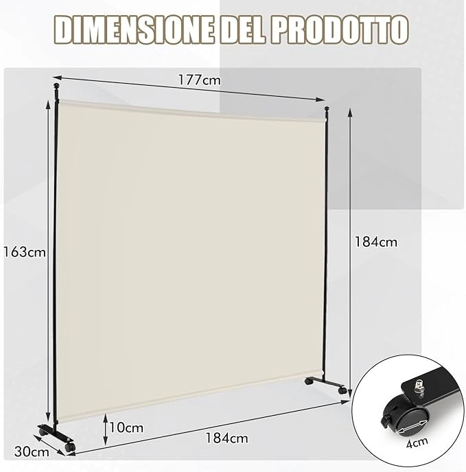 Separé Divisorio Singolo 184 x 184 CM, Paravento da Interno ed Esterno con Ruote Bloccabili, Pannello Divisorio per Ambienti Interni Portatile da Soggiorno Camera da Letto e Ufficio (Bianco)