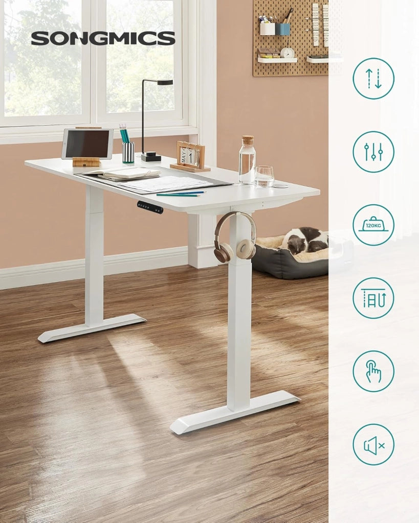 SONGMICS Supporto Scrivania Elettrico Regolabile in Altezza, Struttura Tavolo da Lavoro con Motore, senza Piano, con Ganci, Regolazione Continua, Funzione Memory, Acciaio, Bianco LSD019W01