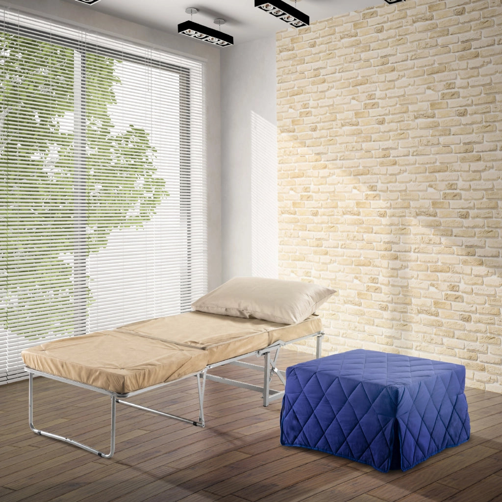 Pouf letto blu che diventa comodo materassino alto 10 per ospiti inattesi. Cubo letto, materassino con rete apribile con dimensione 76x210 x 10 di altezza