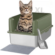 Cassetta per gatti in acciaio inossidabile, cassetta per gatti XL in acciaio inossidabile con alta parete chiusa per gatti grandi, grande cassetta per gatti, antiscivolo, impermeabile, facile da pulire, con scopa e tappeto per cassetta per gatti (grigio)