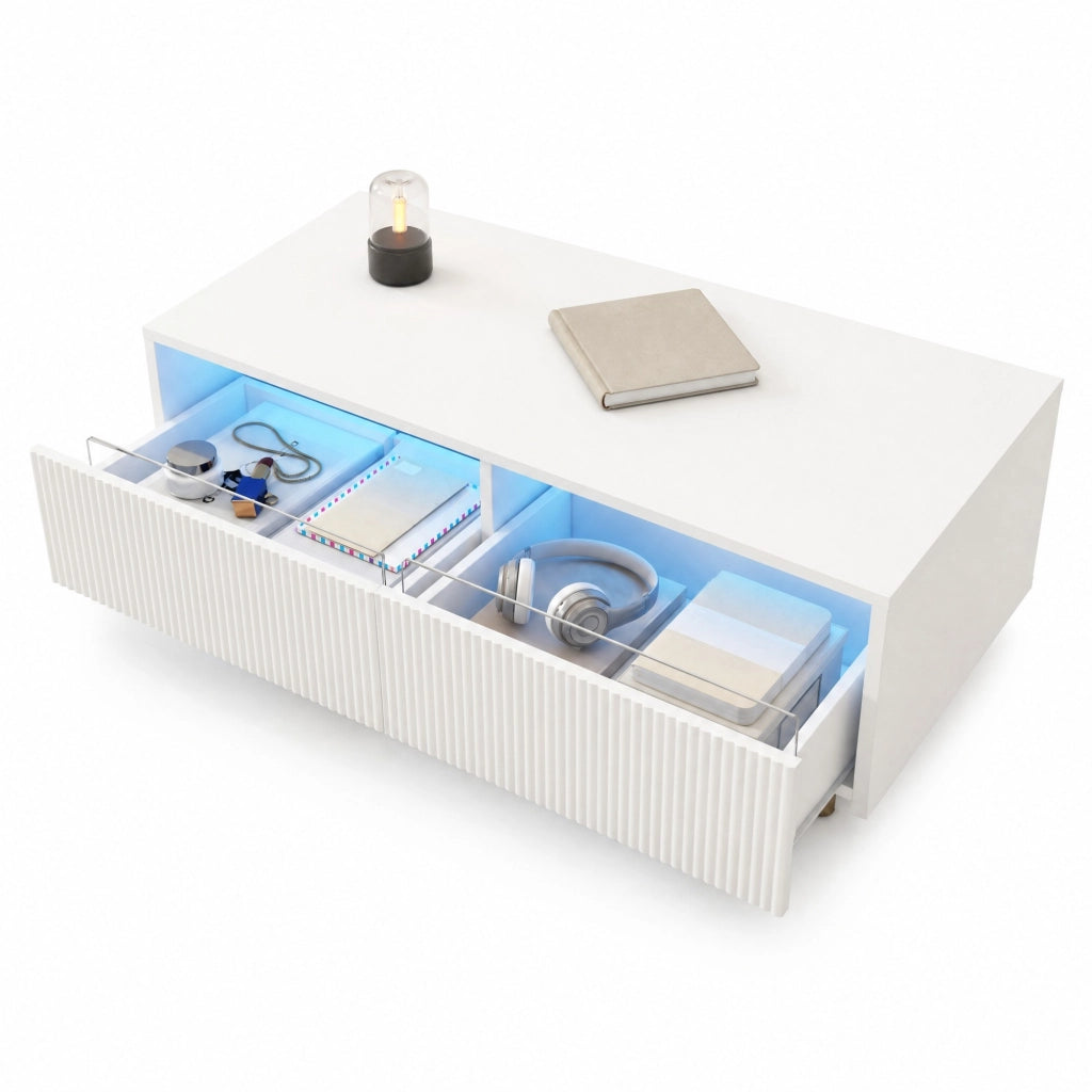 TAVOLO DA SALOTTO 110x50x40 cm Bianco con LED e 2 Cassetti