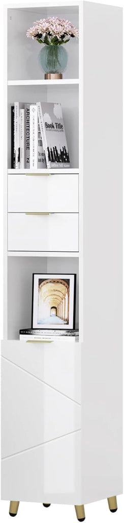 Mobile da Bagno Salvaspazio Alto e Stretto, Colonna da Bagno con 2 Cassetti, 3 Scomparti a Giorno, 1 Vano con Anta, Ripiani Regolabili, in MDF e Metallo, Bianco Lucido, 30x28,5x160cm