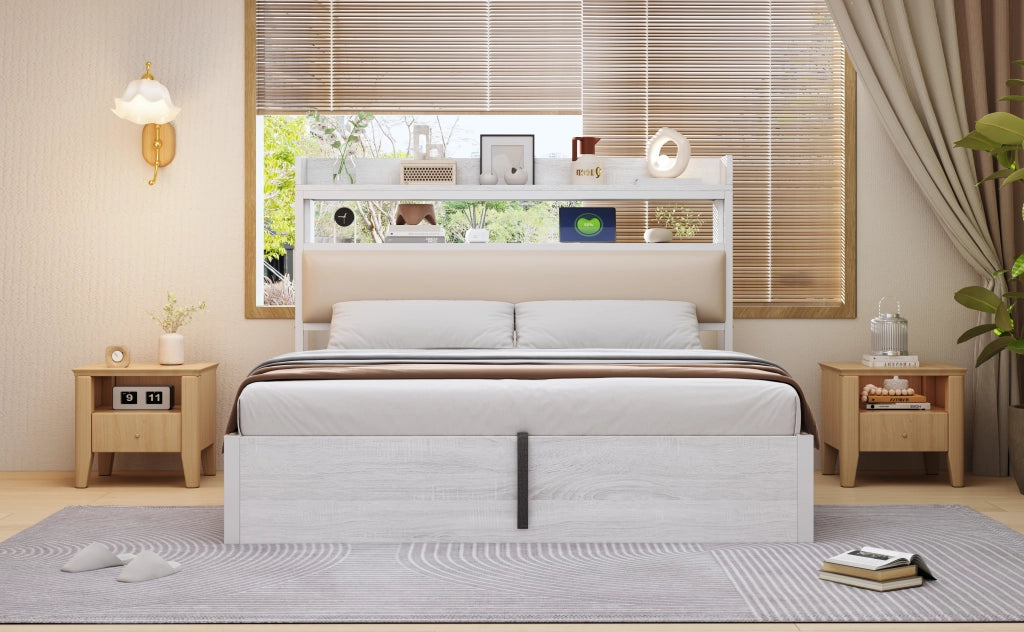 DESMIU Lit coffre 180 × 200 cm 2 places avec USB, tête de lit avec rangement, sans matelas, blanc