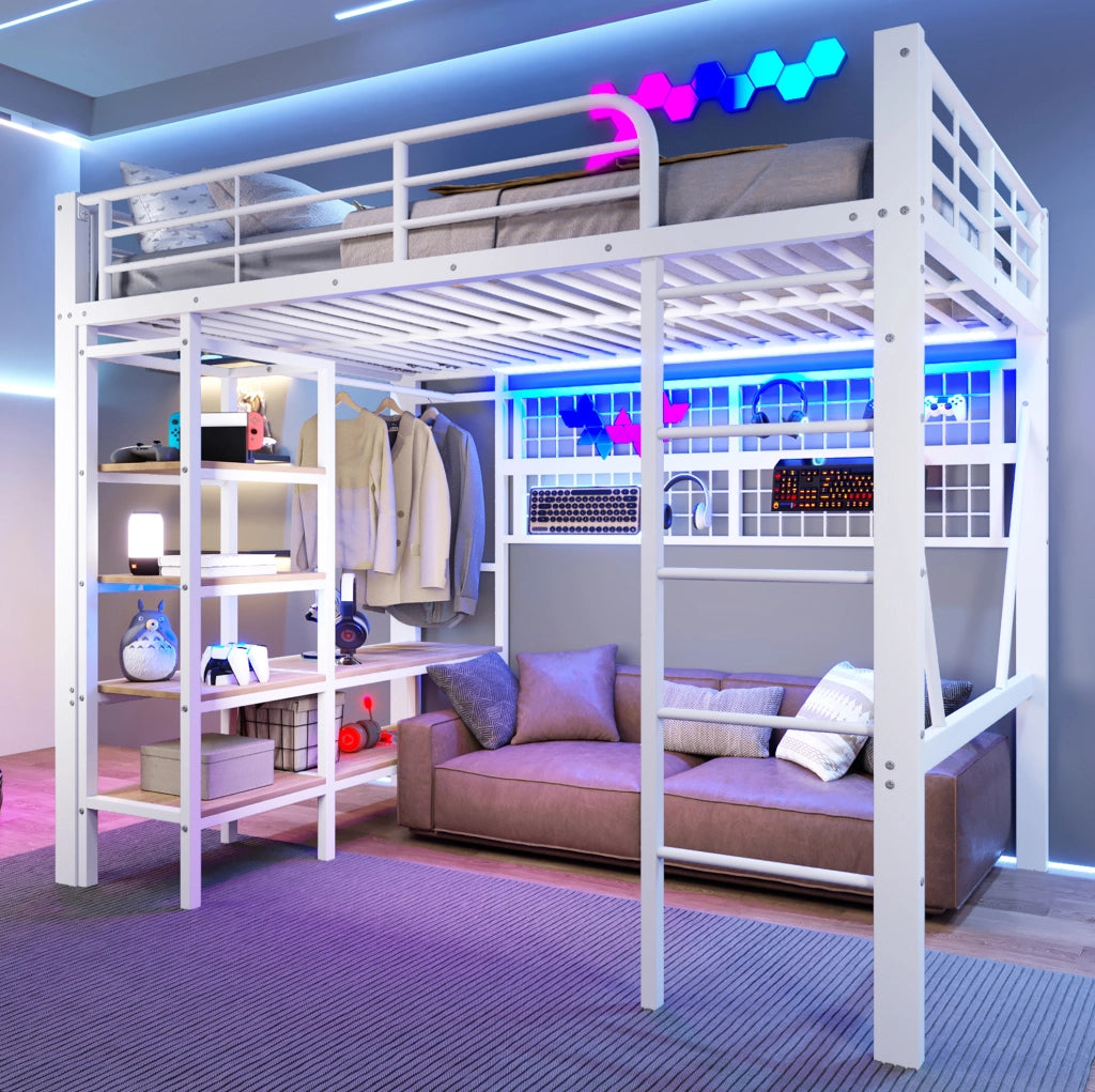 Letto a soppalco 204x145x180 cm con LED regolabile tramite app; metallo e MDF bianco