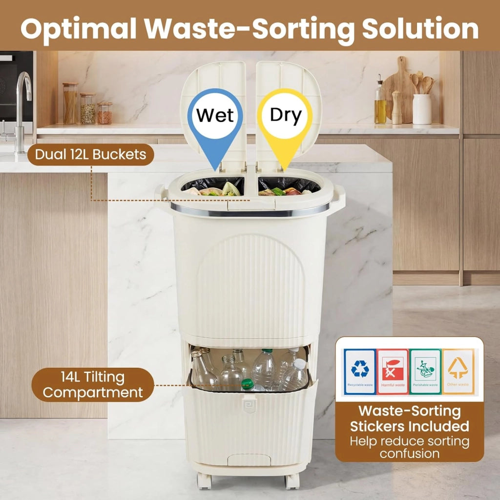 Bidone per Spazzatura Interno 38 L, Pattumiera da Cucina Differenziata a 3 Scomparti con Ruote e Maniglie, Secchio dei Rifiuti in PP on Coperchi a Pressione e Pedale (Beige)
