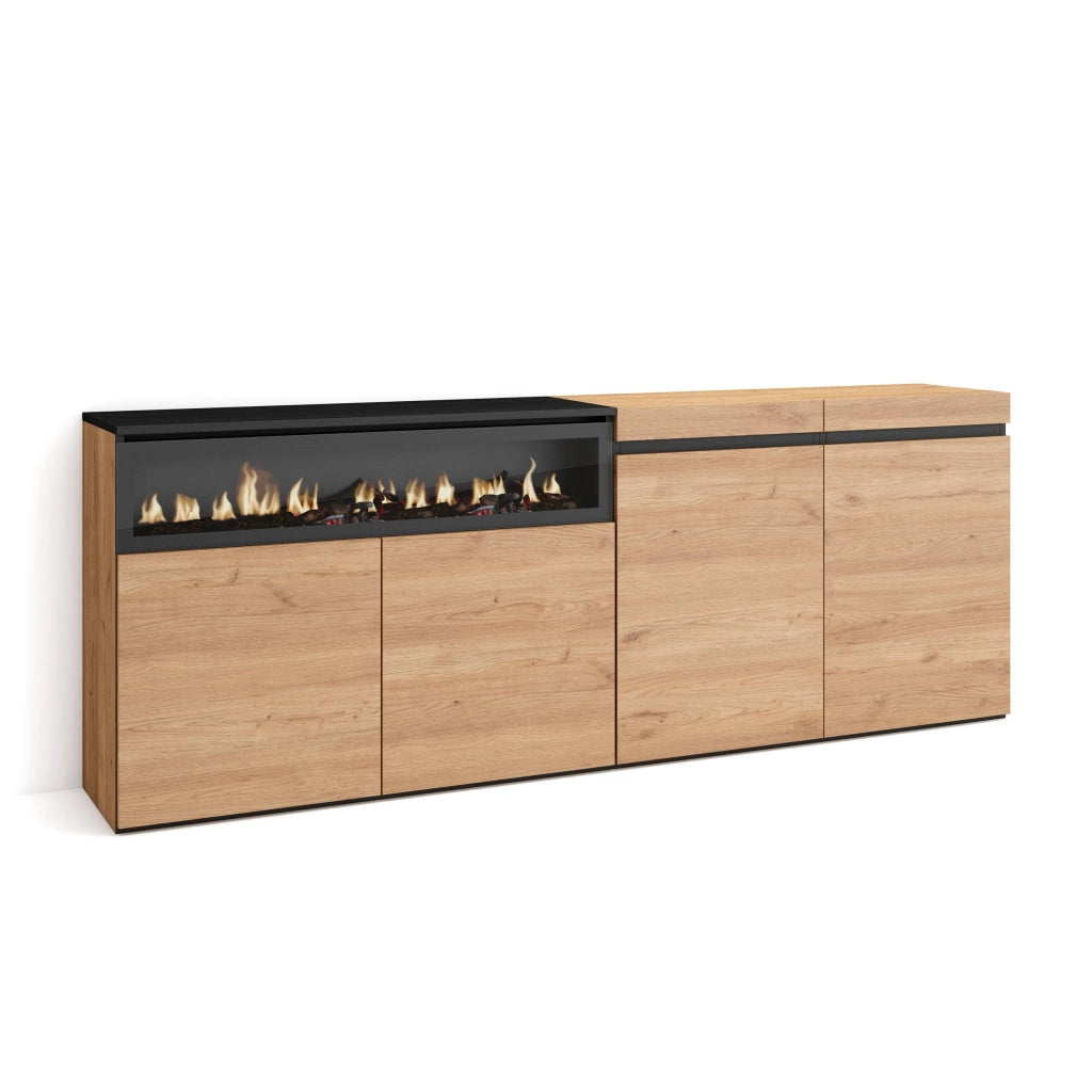 Credenza, Mobile, 200x35x75cm, 4 Porte, Camino elettrico, colore Rovere e nero RF2310