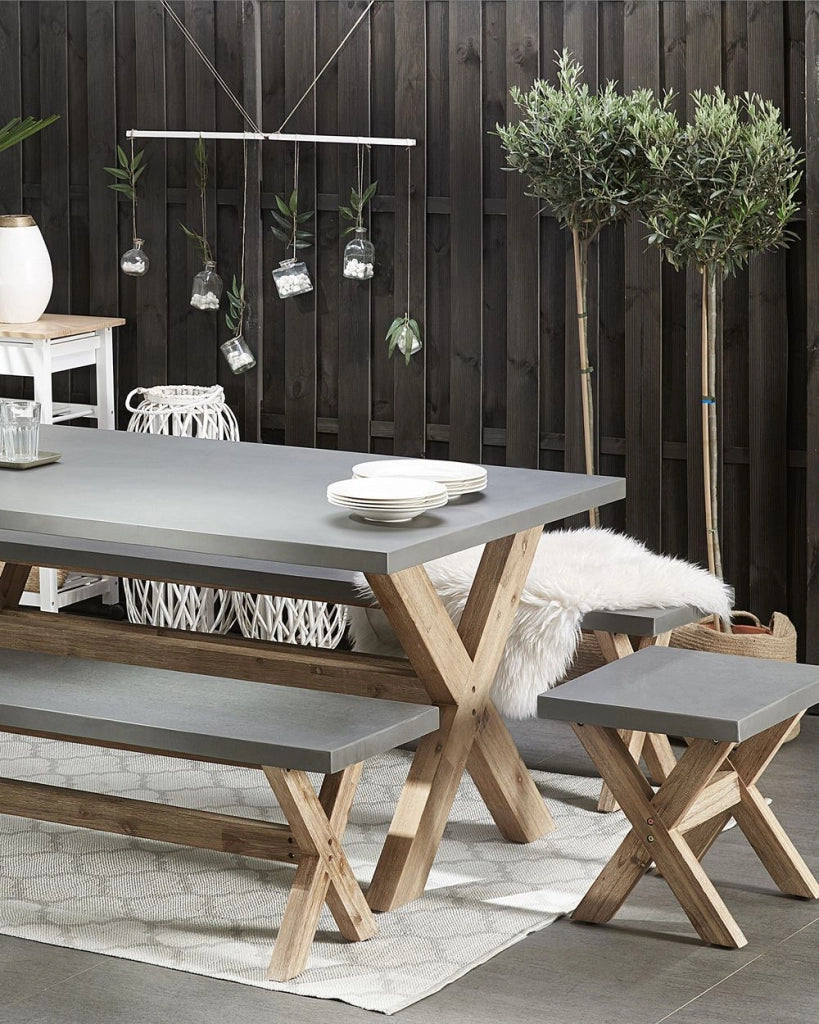 Sgabello da giardino per esterni Sedile in fibra di cemento grigio Base in legno di acacia chiaro Poggiapiedi moderno per patio