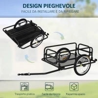 Carrello Bici con Pareti Pieghevoli, Gancio e 4 Catarifrangenti, in Acciaio e PE, 139x71.5x49 cm, Nero