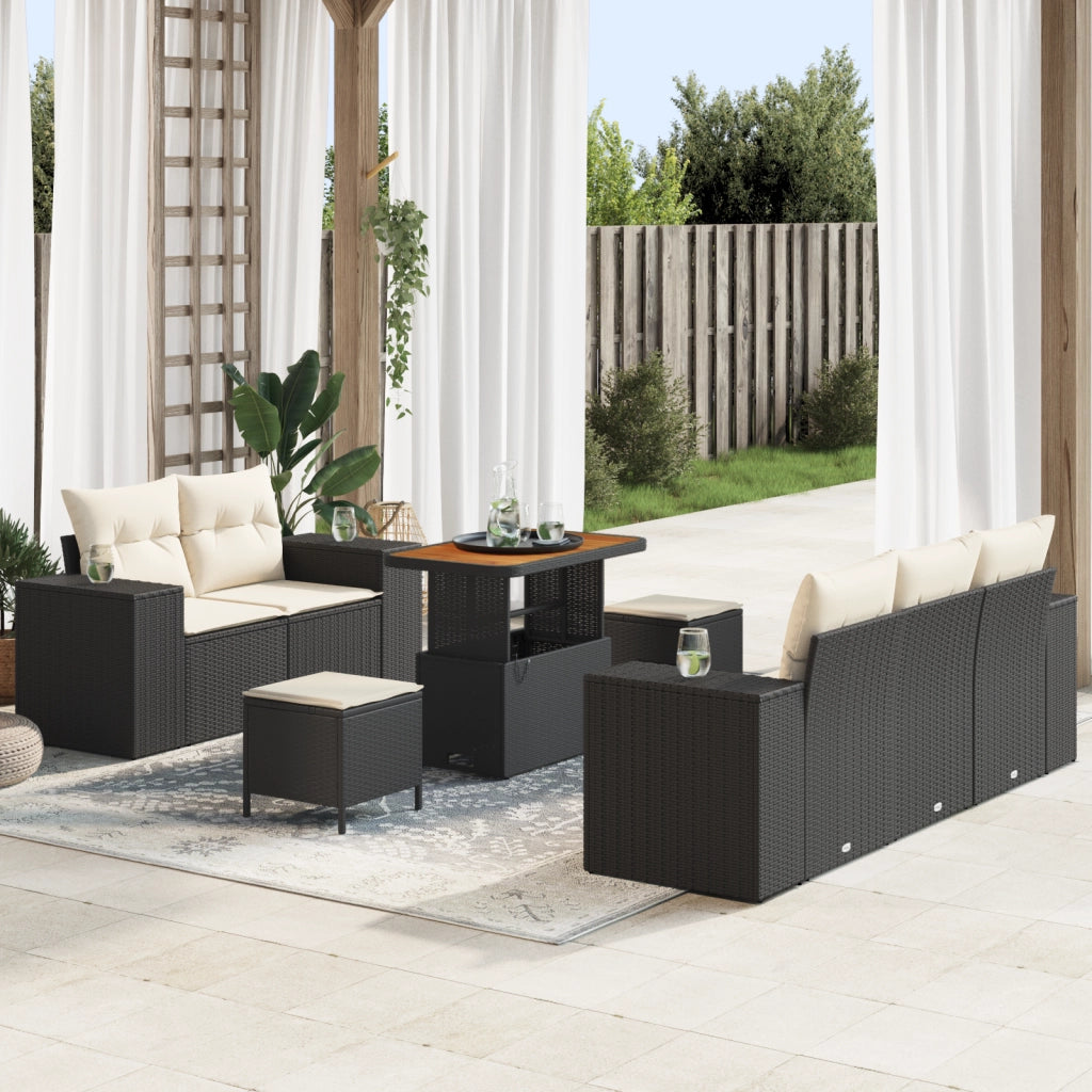 Set di divani da giardino 8 pezzi con cuscini Rattan Polyrattan Nero Acacia