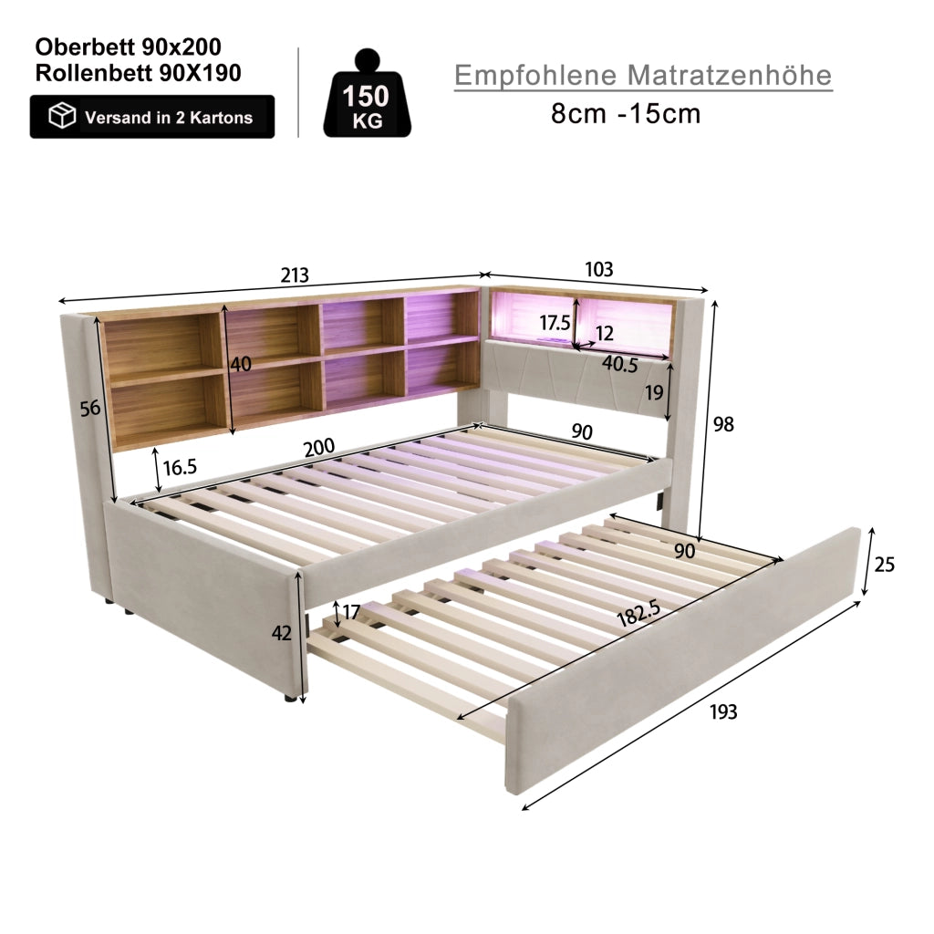 LETTO Divano letto estraibile 90x200 cm con LED e prese Flanella grigio chiaro