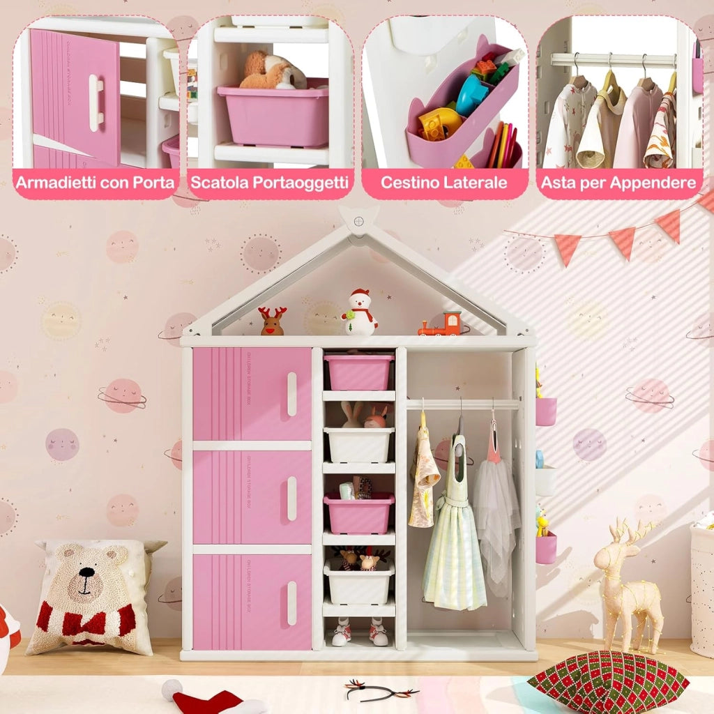 Armadio per Bambini, Organizzatore a Forma di Casa con 1 Lavagna, 3 Armadietti, 4 Cestini, 3 Cubi Chiusi e 3 Cestini Laterali, Armadietto Salvaspazio per Camera da Letto e Soggiorno (Rosa)