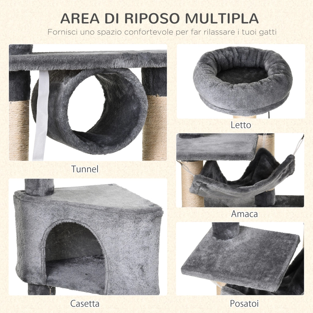 Tiragraffi per Gatti con Cuccia, Amaca, e Pali in Sisal, Grigio