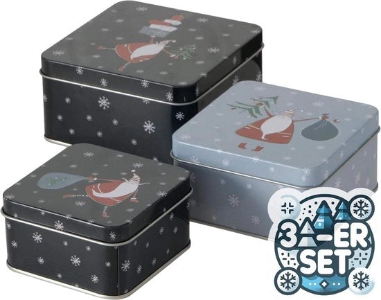 Set di 3 scatole di biscotti in metallo, scatola quadrata nera grigia, personaggio di Babbo Natale, classificato per dimensioni 9-12 cm
