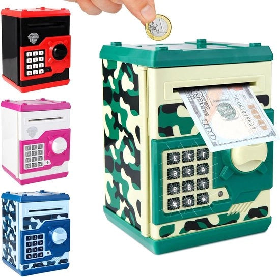 Cassa di risparmio elettronica per bambini con password grande capacità ingresso automatico effetti sonori realistici per bambini di 3 anni abbigliamento da camo verde